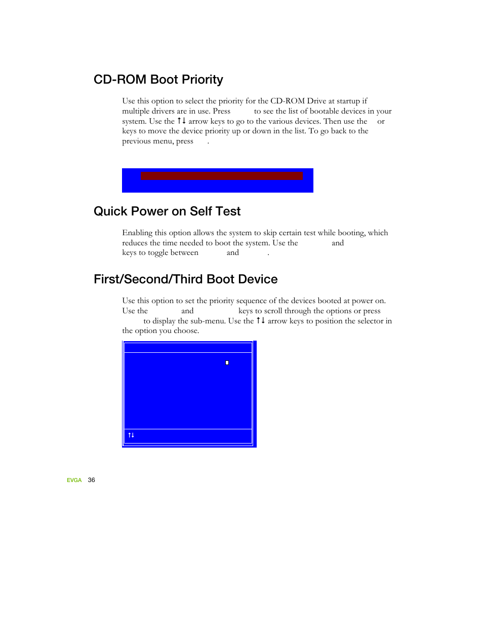 Cd-rom boot priority, Quick power on self test, First/second/third boot device | EVGA nForce 122-YW-E173 User Manual | Page 44 / 77