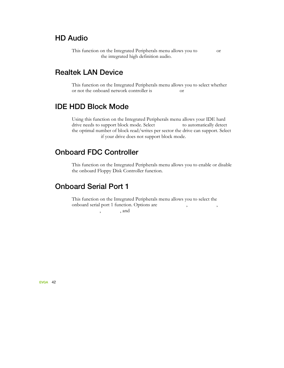 Hd audio, Realtek lan device, Ide hdd block mode | Onboard fdc controller, Onboard serial port 1 | EVGA nForce 122-YW-E173 User Manual | Page 50 / 77