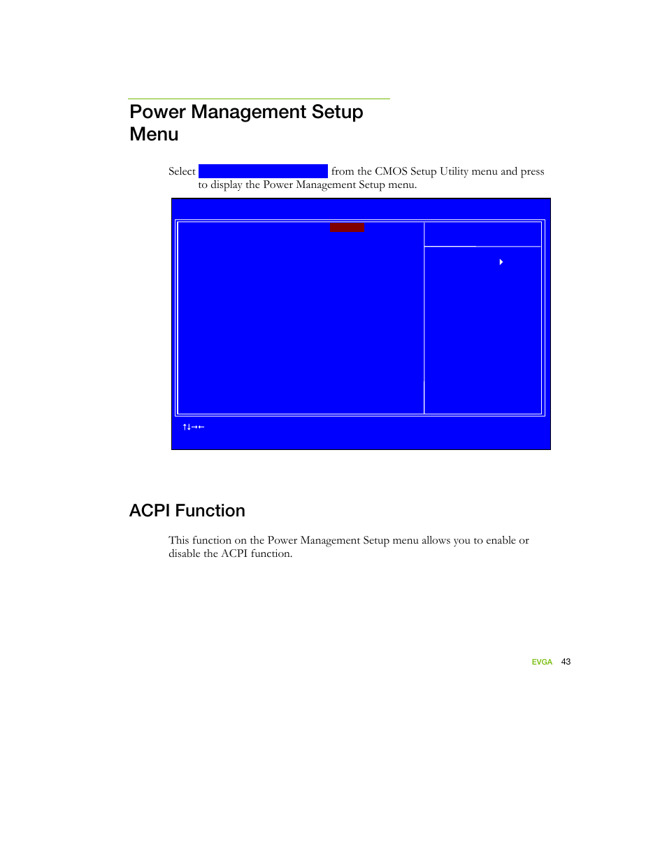 Power management setup menu, Acpi function, Figure 10. power management setup menu | Select | EVGA nForce 122-YW-E173 User Manual | Page 51 / 77