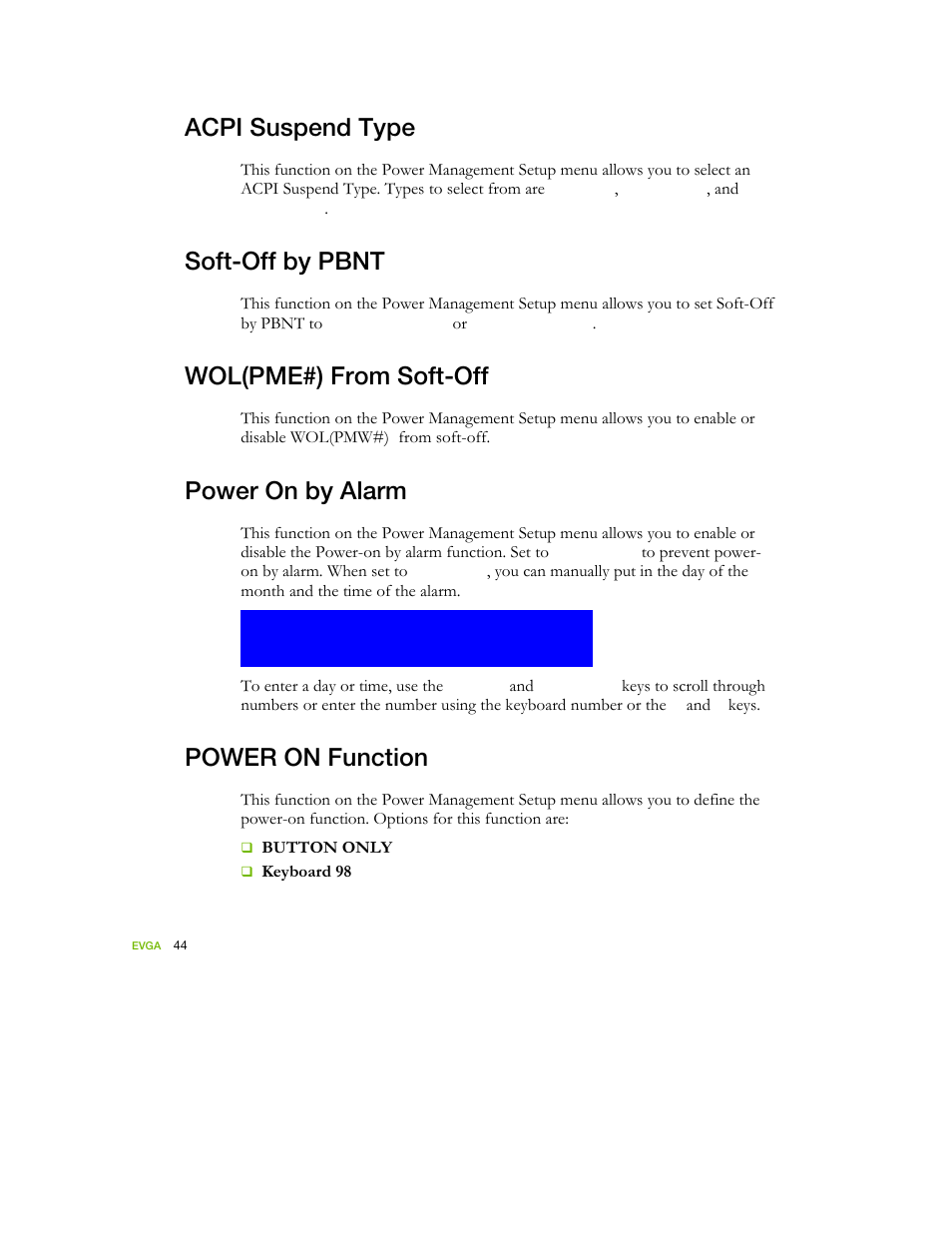 Acpi suspend type, Soft-off by pbnt, Wol(pme#) from soft-off | Power on by alarm, Power on function | EVGA nForce 122-YW-E173 User Manual | Page 52 / 77