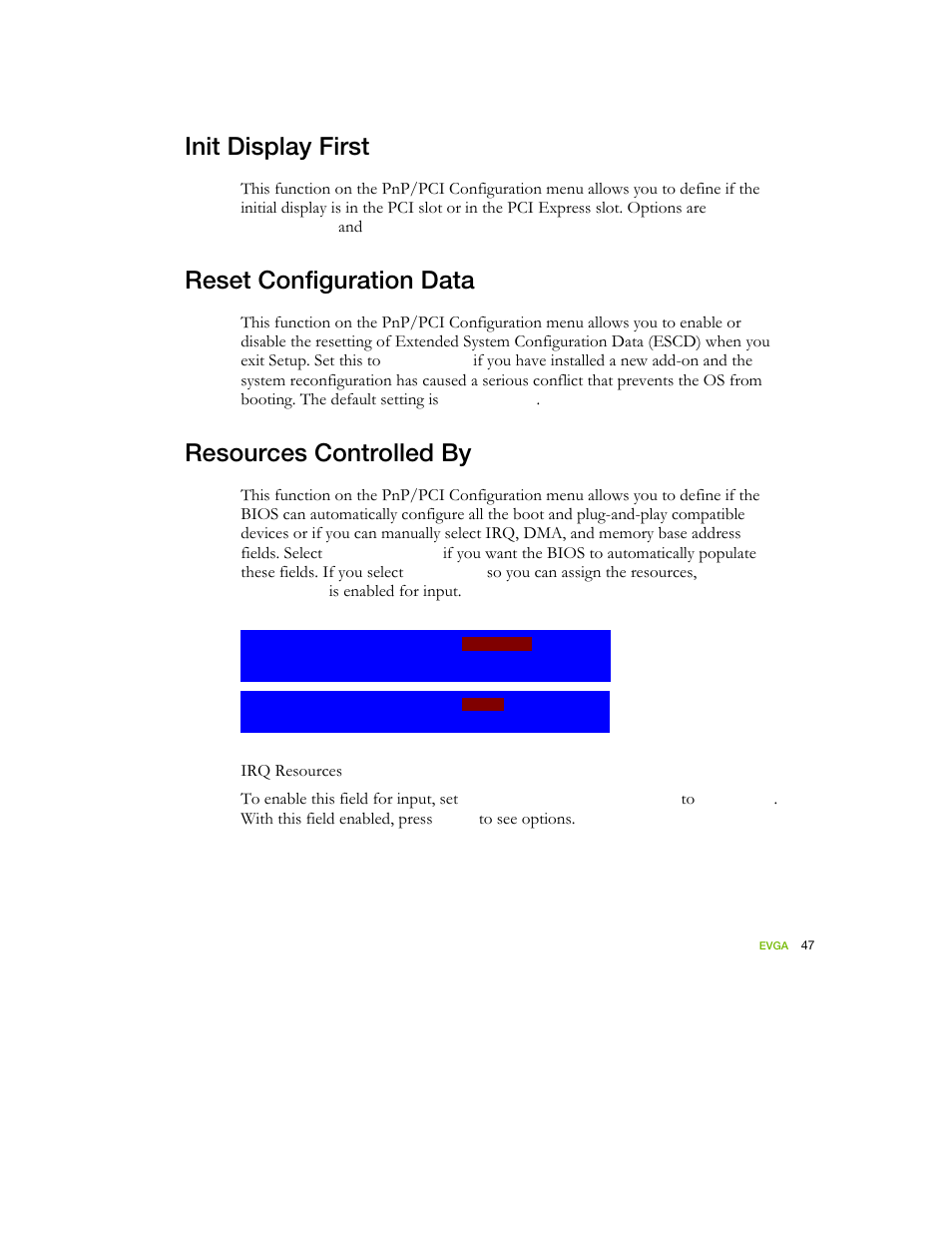 Init display first, Reset configuration data, Resources controlled by | EVGA nForce 122-YW-E173 User Manual | Page 55 / 77