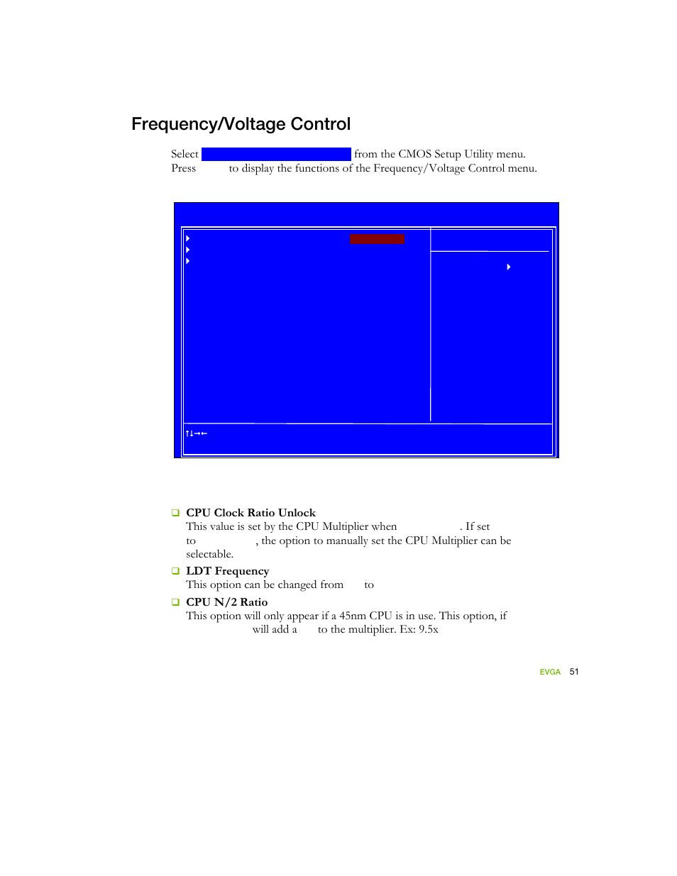 Frequency/voltage control, Figure 13. frequency/voltage control, Select | If set to, Will add a .5 to the multiplier. ex: 9.5x | EVGA nForce 122-YW-E173 User Manual | Page 59 / 77