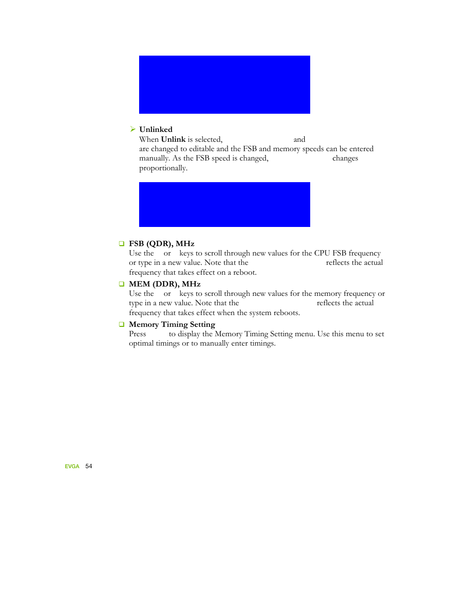 Unlinked when unlink is selected, Changes proportionally, Fsb (qdr), mhz use the | Mem (ddr), mhz use the | EVGA nForce 122-YW-E173 User Manual | Page 62 / 77