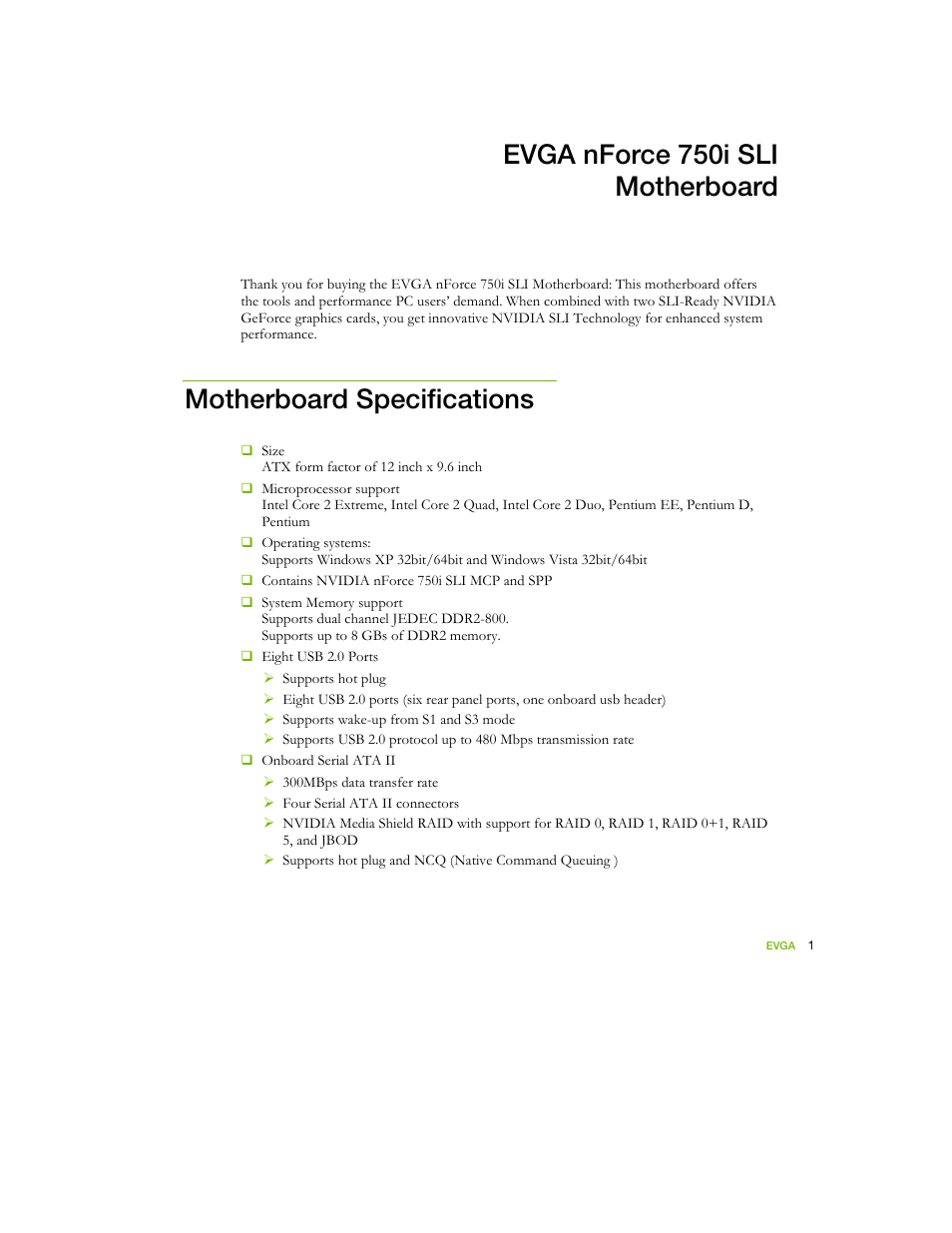 Evga nforce 750i sli motherboard, Motherboard specifications | EVGA nForce 122-YW-E173 User Manual | Page 9 / 77