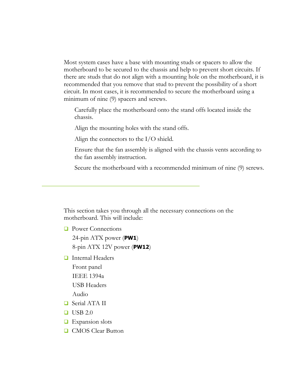 Securing the motherboard into a system case, Connecting cables | EVGA P55 FTW User Manual | Page 15 / 52