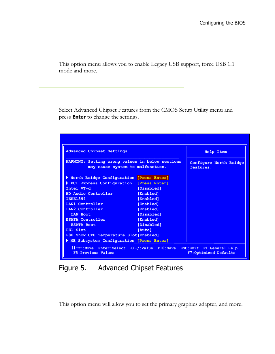 Intel vt-d configuration, Usb configuration, Advanced chipset features | North bridge configuration, Figure 5, Figure 5. advanced chipset features | EVGA P55 FTW User Manual | Page 37 / 52
