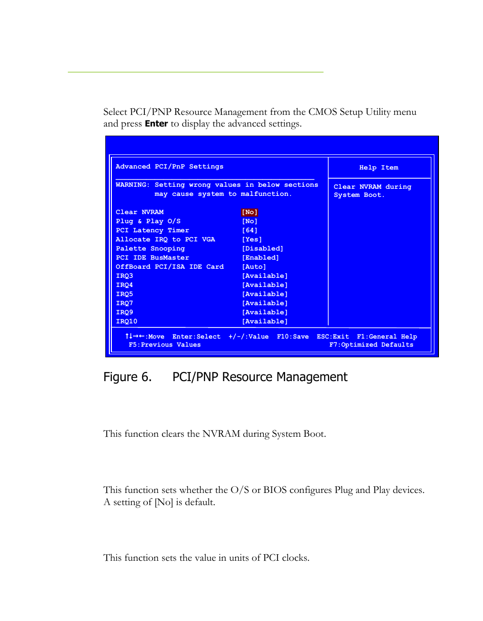 Pci/pnp resource management, Clear nvram, Plug & play o/s | Pci latency timer, Figure 6, Figure 6. pci/pnp resource management | EVGA P55 FTW User Manual | Page 40 / 52