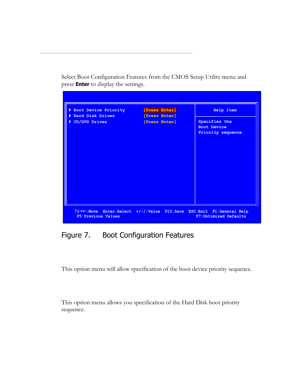 Boot configuration features, Boot device priority, Hard disk drives | Figure 7, Figure 7. boot configuration features | EVGA P55 FTW User Manual | Page 42 / 52
