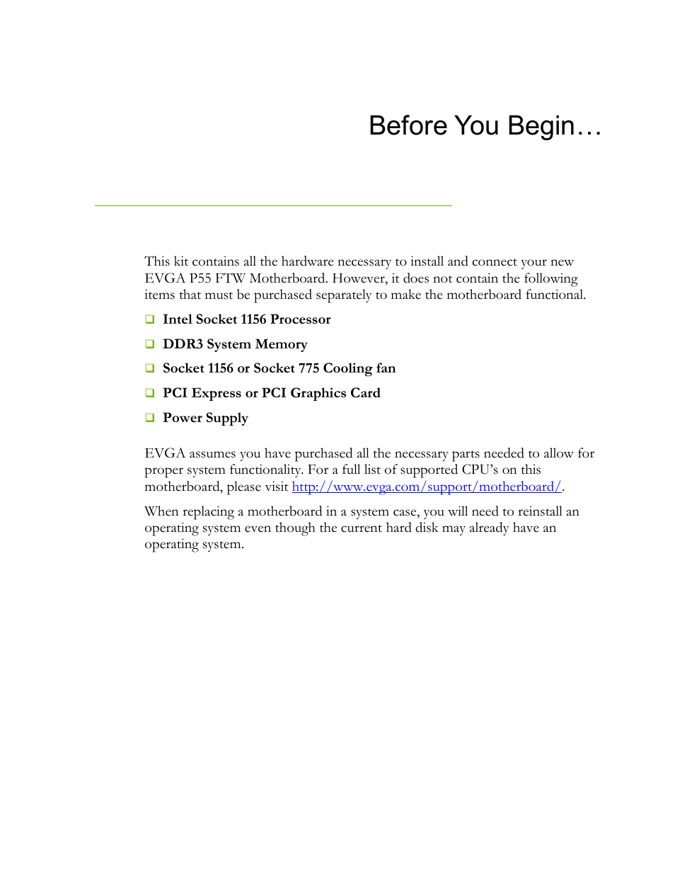 Before you begin, Parts not in the kit | EVGA P55 FTW User Manual | Page 7 / 52