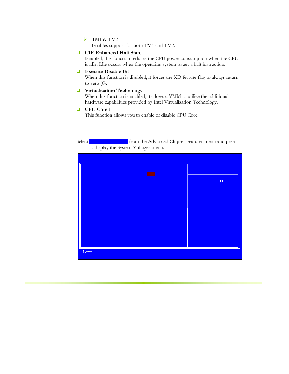 System voltages, Figure 12. system voltages menu, Tm1 & tm2 enables support for both tm1 and tm2 | Select | EVGA NFORCE 680I SLI 122-CK-NF68-XX User Manual | Page 102 / 170