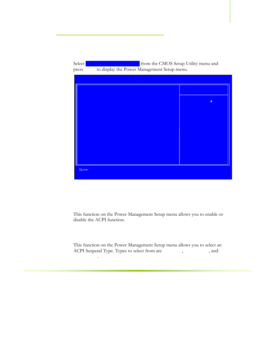 Power management setup menu, Acpi function, Acpi suspend type | Figure 14. power management setup menu, Select | EVGA NFORCE 680I SLI 122-CK-NF68-XX User Manual | Page 110 / 170