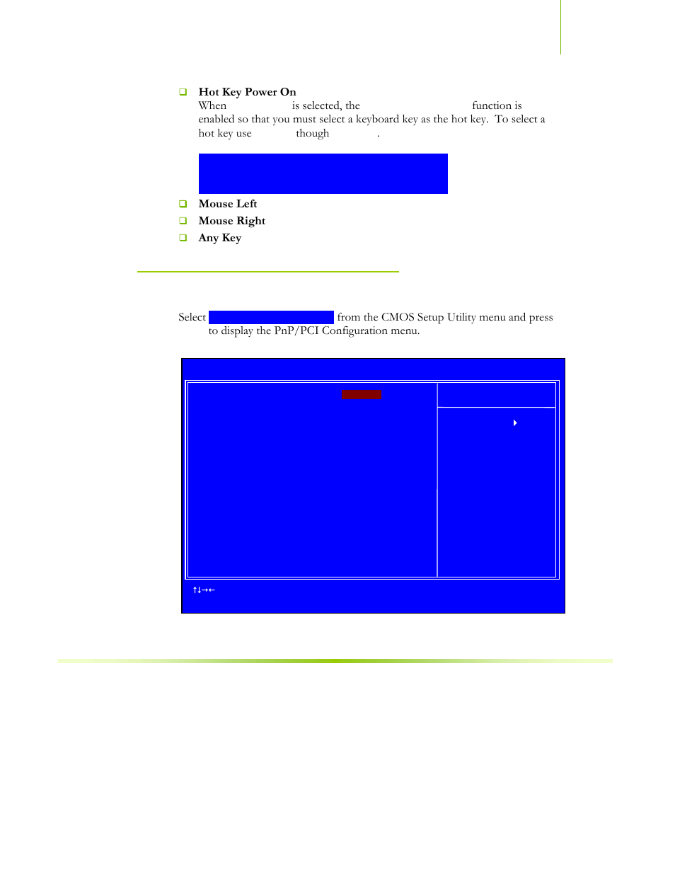 Pnp/pci configuration menu, Figure 15. pnp/pci configuration menu, Hot key power on when | Is selected, the, Though, Mouse left, Mouse right, Any key, Select | EVGA NFORCE 680I SLI 122-CK-NF68-XX User Manual | Page 112 / 170