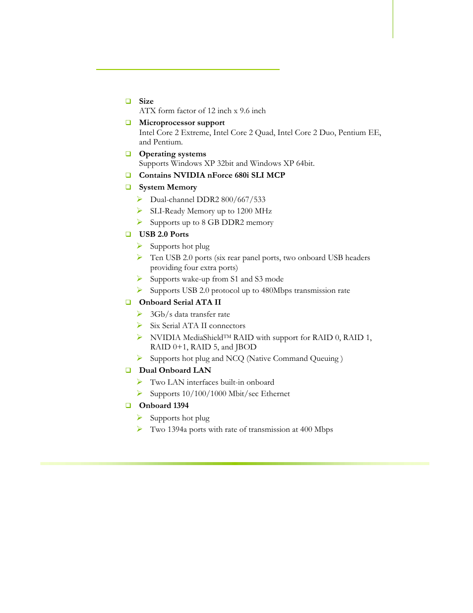 Motherboard specifications | EVGA NFORCE 680I SLI 122-CK-NF68-XX User Manual | Page 58 / 170