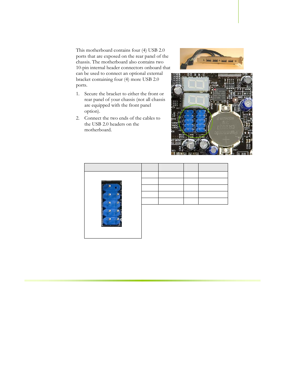 Usb headers, Table 4. usb 2.0 header pins | EVGA NFORCE 680I SLI 122-CK-NF68-XX User Manual | Page 74 / 170