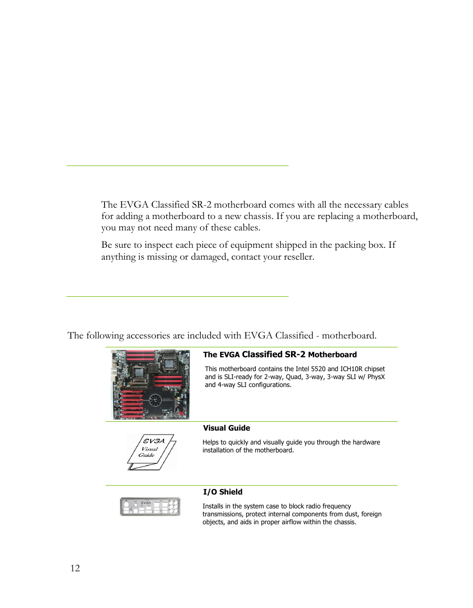 Unpacking and parts descriptions, Unpacking, Equipment | EVGA Classified SR-2 User Manual | Page 12 / 73