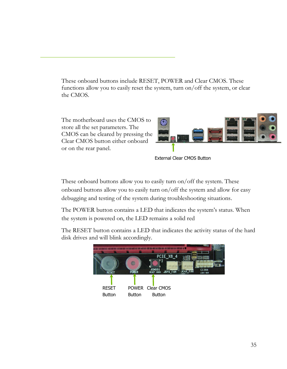 Onboard buttons, Clear cmos button, Reset and power button | EVGA Classified SR-2 User Manual | Page 35 / 73