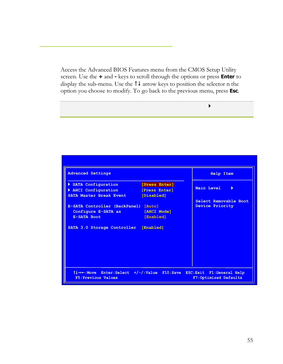 Advanced bios features menu, Keys to scroll through the options or press | EVGA Classified SR-2 User Manual | Page 55 / 73
