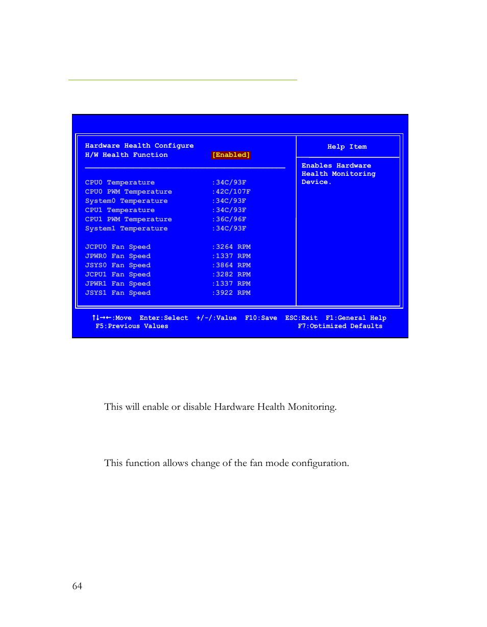 Hardware health configuration, H/w health function, Cpu fan mode setting | EVGA Classified SR-2 User Manual | Page 64 / 73