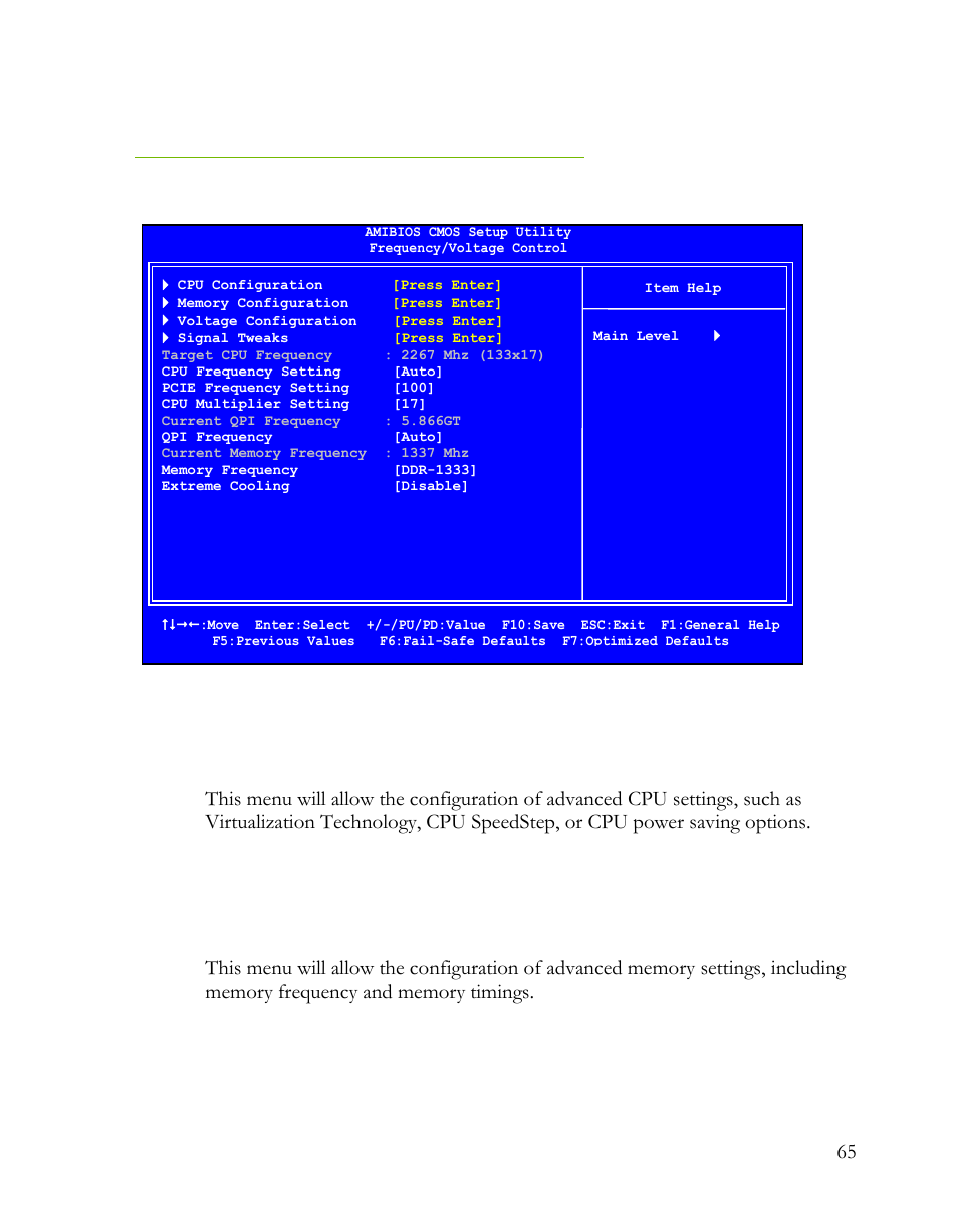 Frequency/voltage control menu, Cpu configuration | EVGA Classified SR-2 User Manual | Page 65 / 73