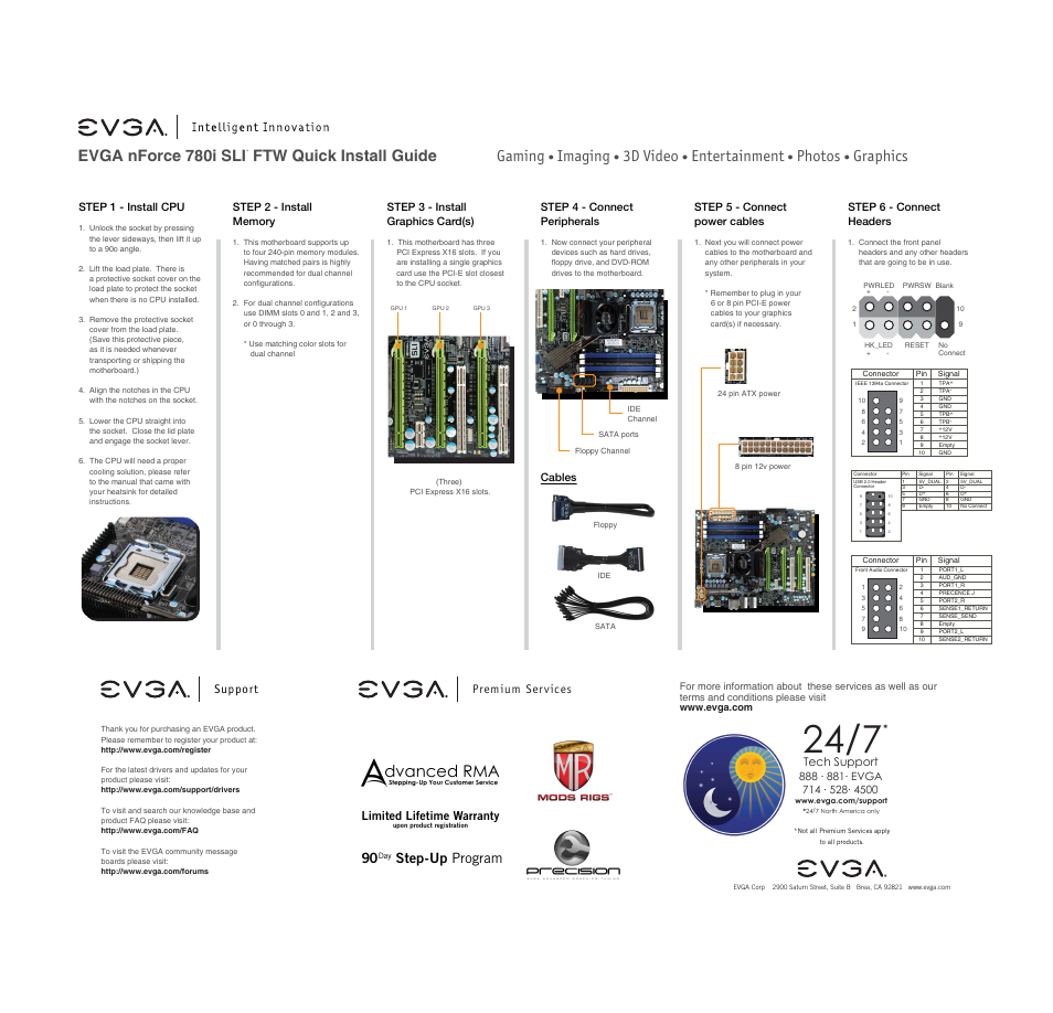 780i sli ftw quick install guide-back, Evga nforce 780i sli tm ftw quick install guide, Gaming | Imaging, 3d video, Entertainment, Photos, Graphics, Dvanced rma, Step - up program | EVGA force 780i SLI FTW User Manual | Page 2 / 2