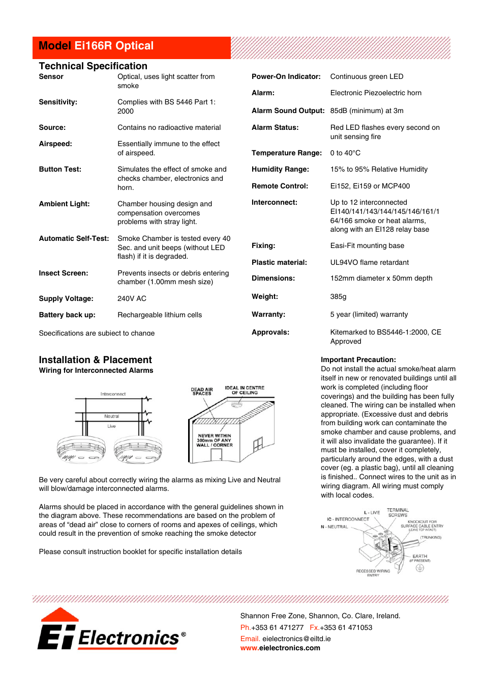 Model ei166r optical, Installation & placement, Technical specification | Ei Electronics Ei166R User Manual | Page 2 / 2
