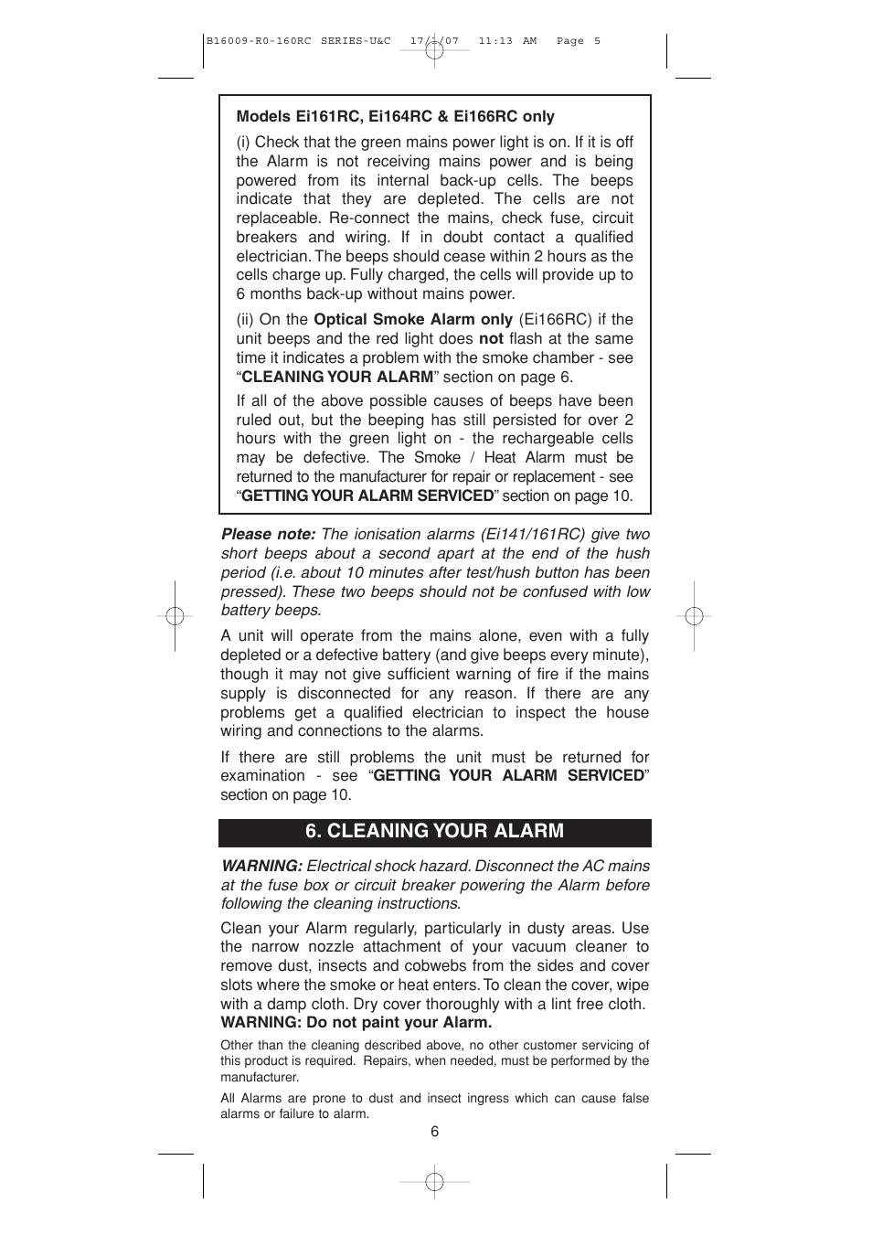 Cleaning your alarm | Ei Electronics B16009-R0-160RC Series User Manual | Page 5 / 12