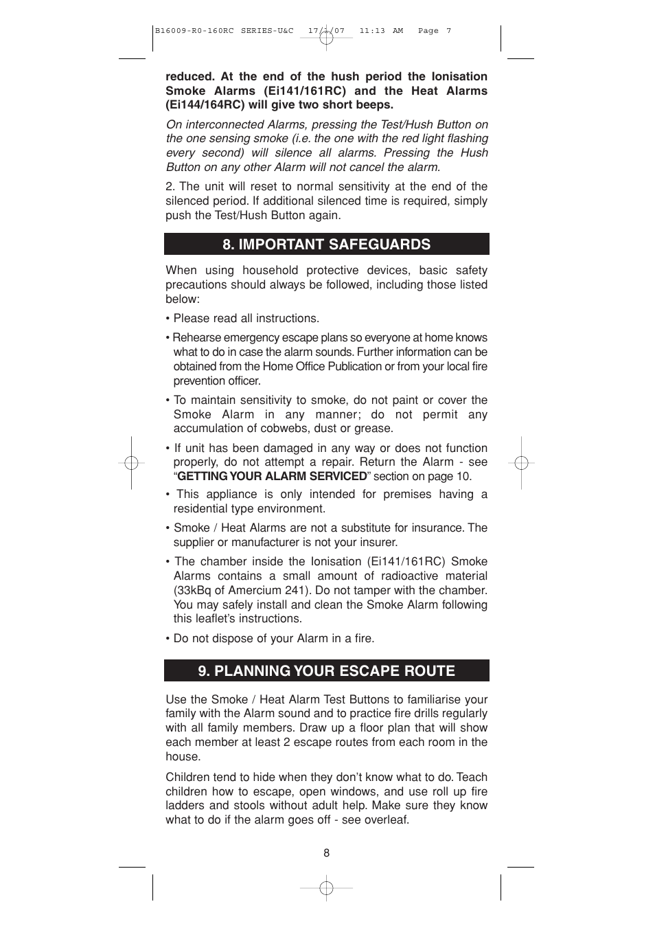 Important safeguards, Planning your escape route | Ei Electronics B16009-R0-160RC Series User Manual | Page 7 / 12