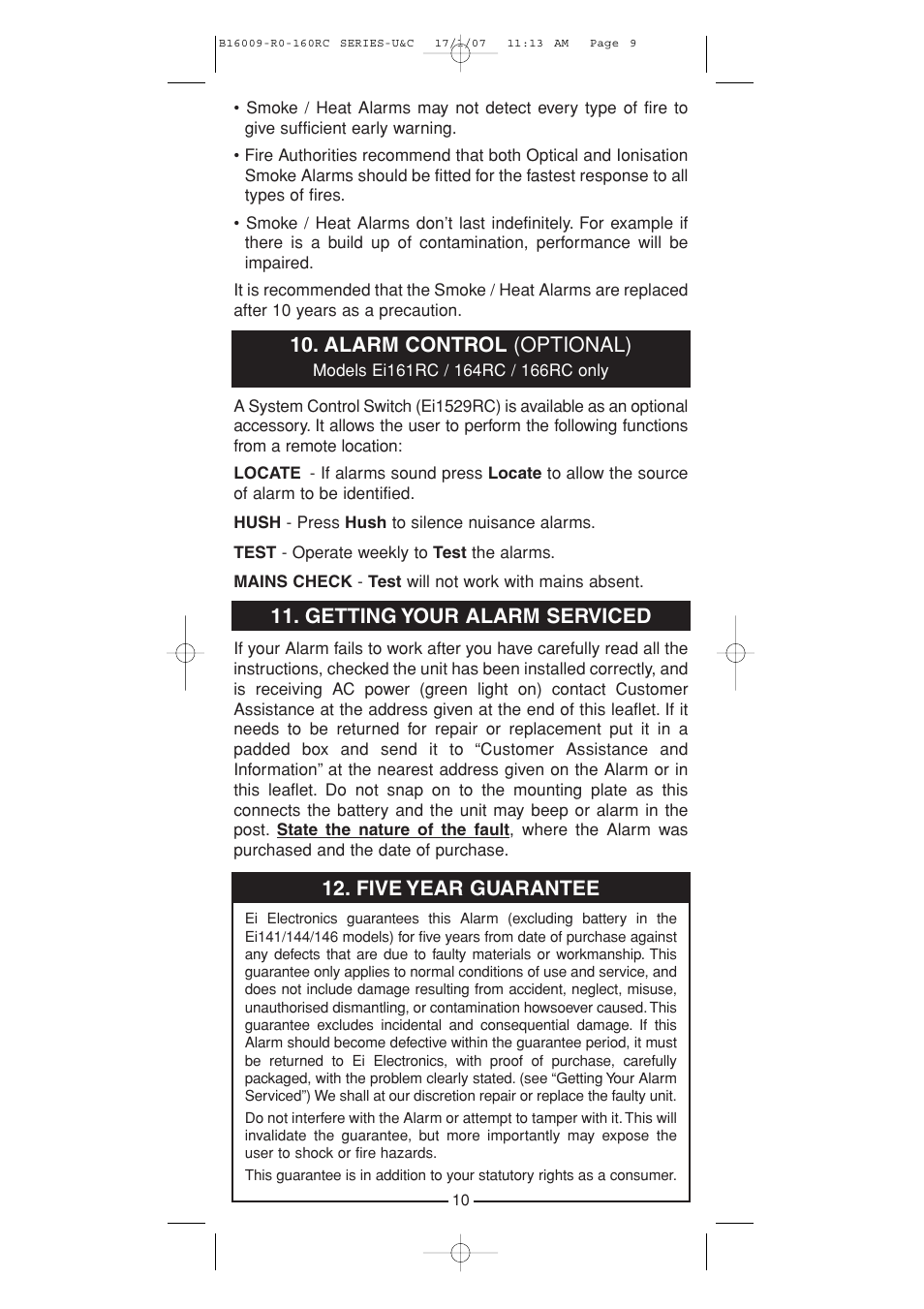 Alarm control (optional), Getting your alarm serviced, Five year guarantee | Ei Electronics B16009-R0-160RC Series User Manual | Page 9 / 12