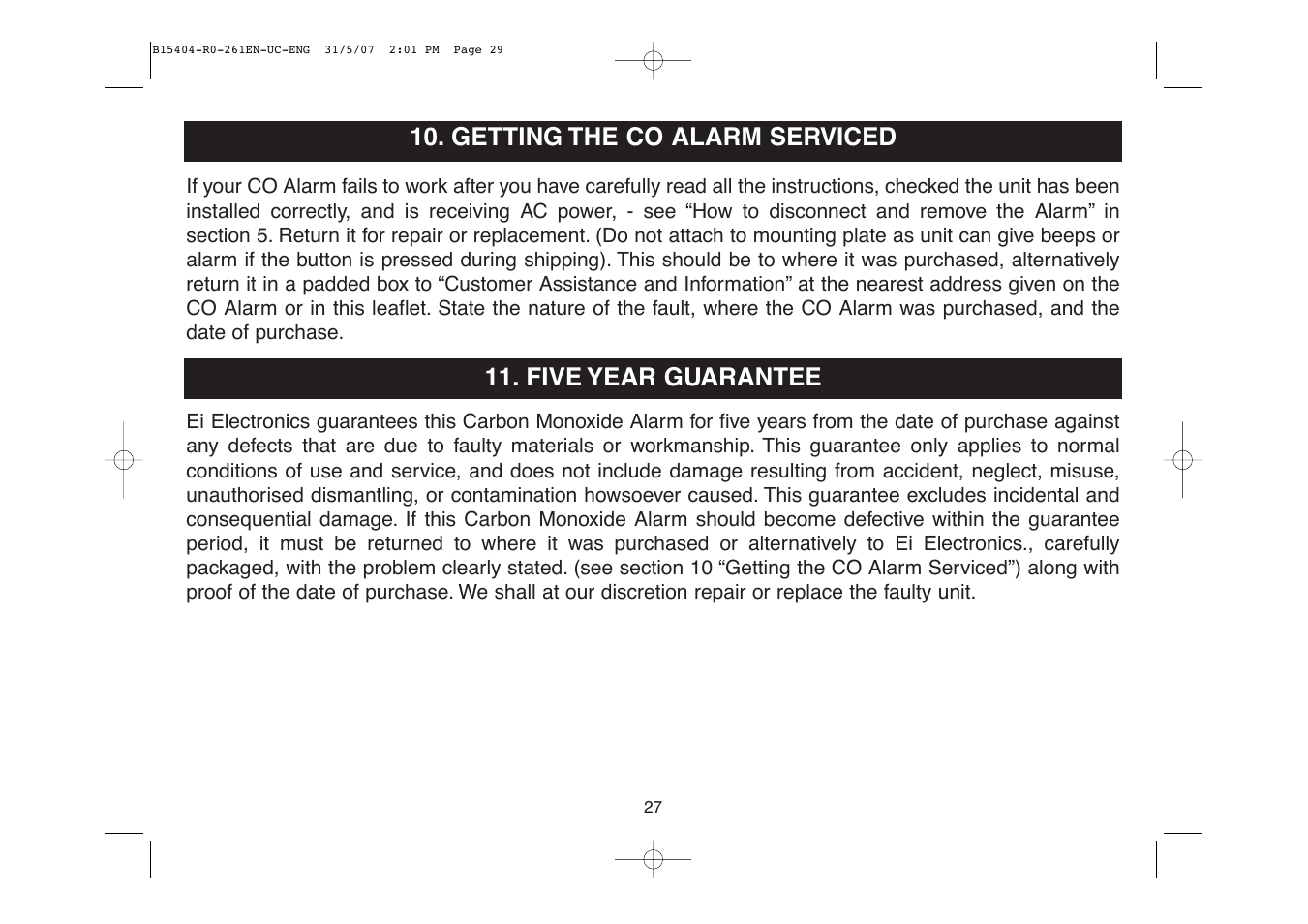 Getting the co alarm serviced, Five year guarantee | Ei Electronics Ei 261EN User Manual | Page 29 / 32