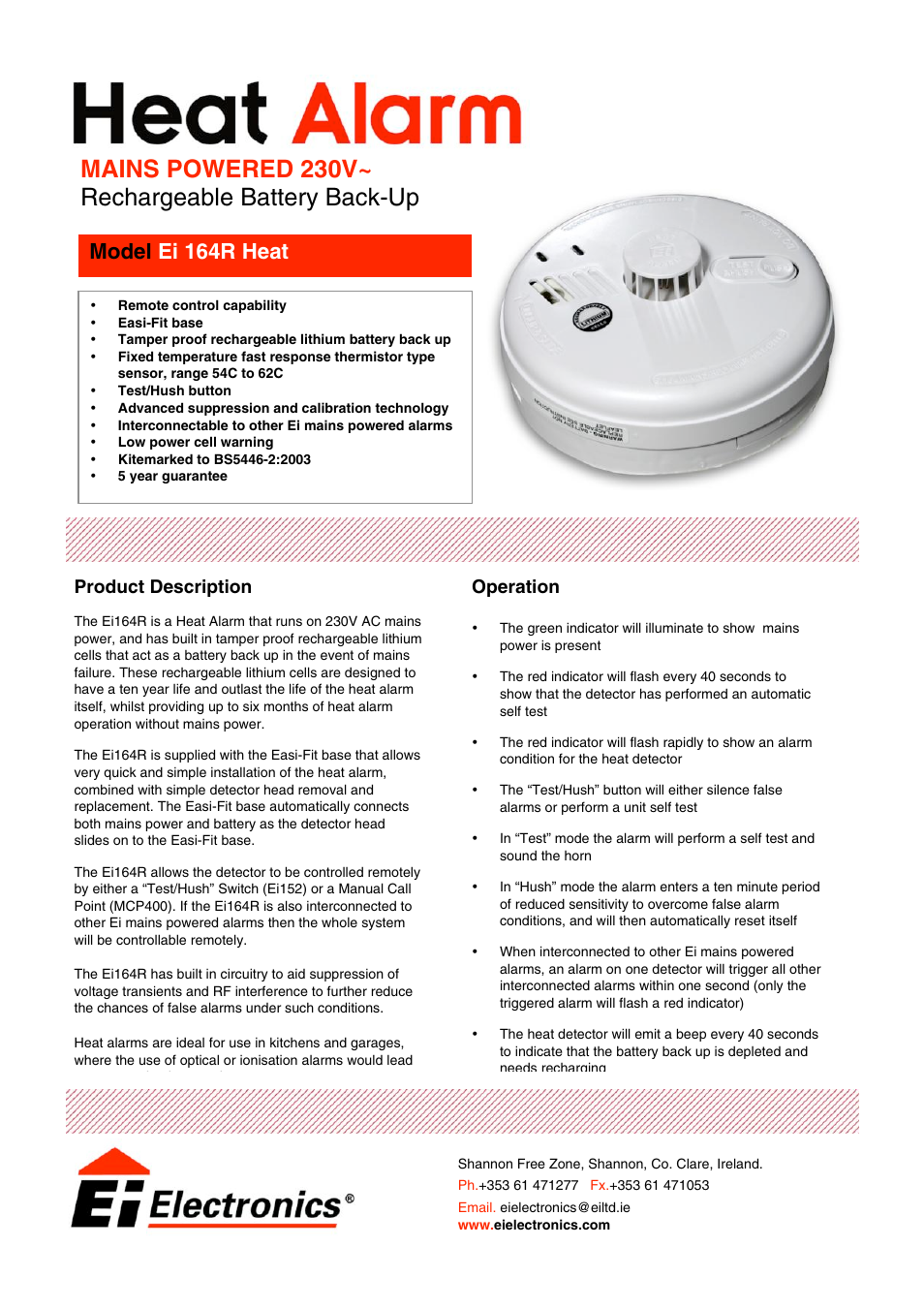 Ei Electronics Heat Alarm Ei 164R Heat User Manual | 2 pages