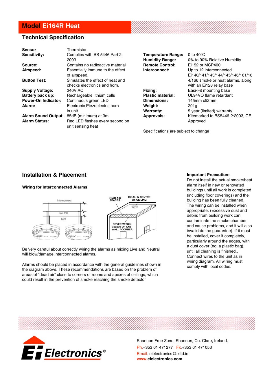 Model ei164r heat, Installation & placement, Technical specification | Ei Electronics Heat Alarm Ei 164R Heat User Manual | Page 2 / 2