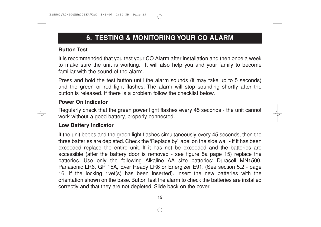 Testing & monitoring your co alarm | Ei Electronics Carbon Monoxide Alarm Ei 205ENA User Manual | Page 19 / 32