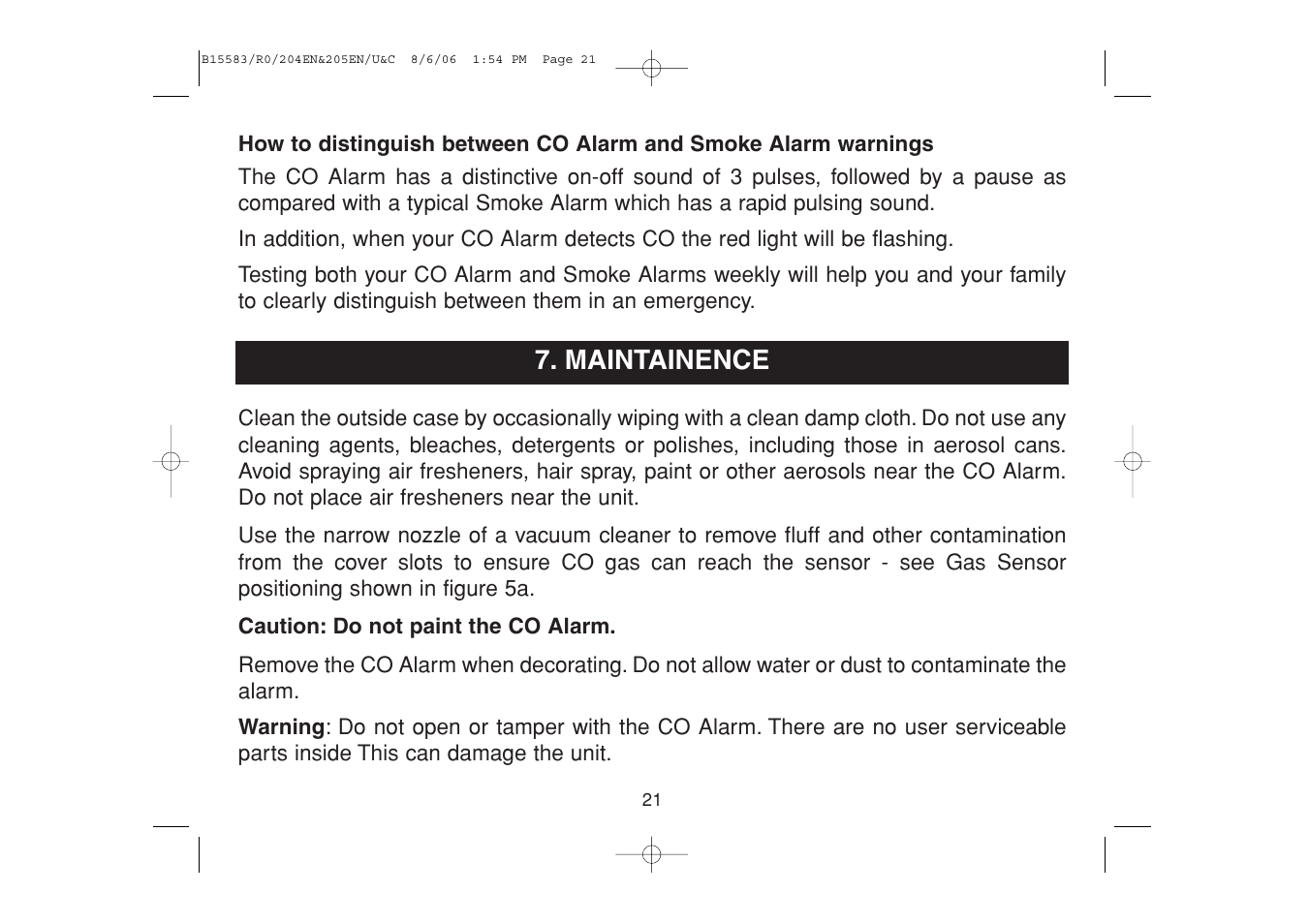 Maintainence | Ei Electronics Carbon Monoxide Alarm Ei 205ENA User Manual | Page 21 / 32