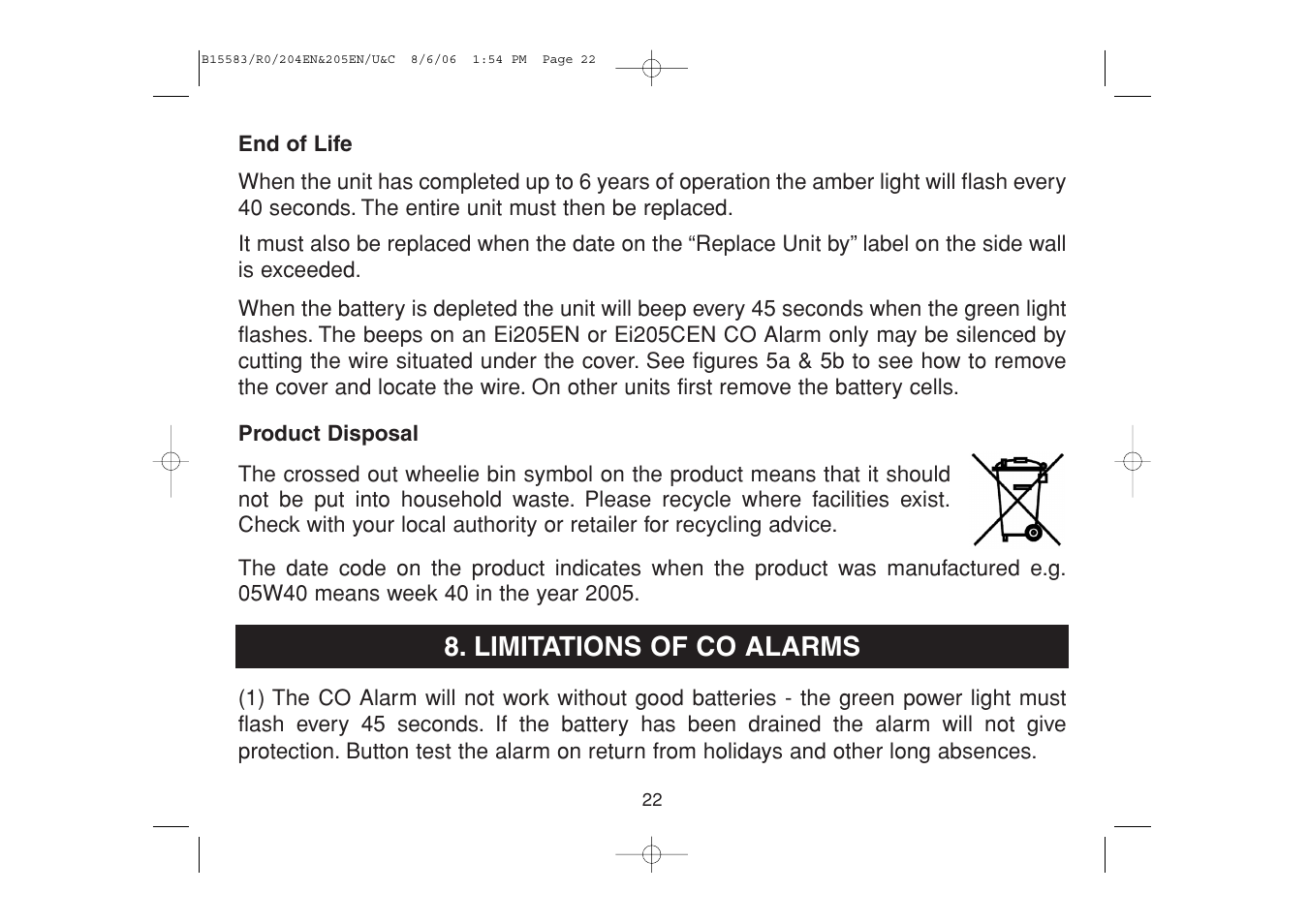 Limitations of co alarms | Ei Electronics Carbon Monoxide Alarm Ei 205ENA User Manual | Page 22 / 32