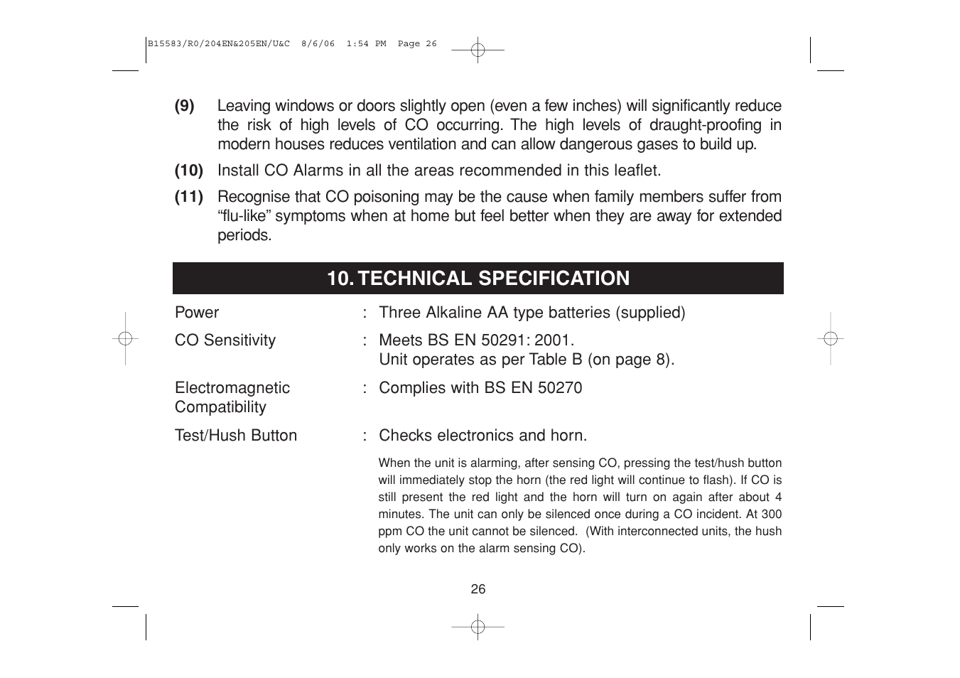 Technical specification | Ei Electronics Carbon Monoxide Alarm Ei 205ENA User Manual | Page 26 / 32