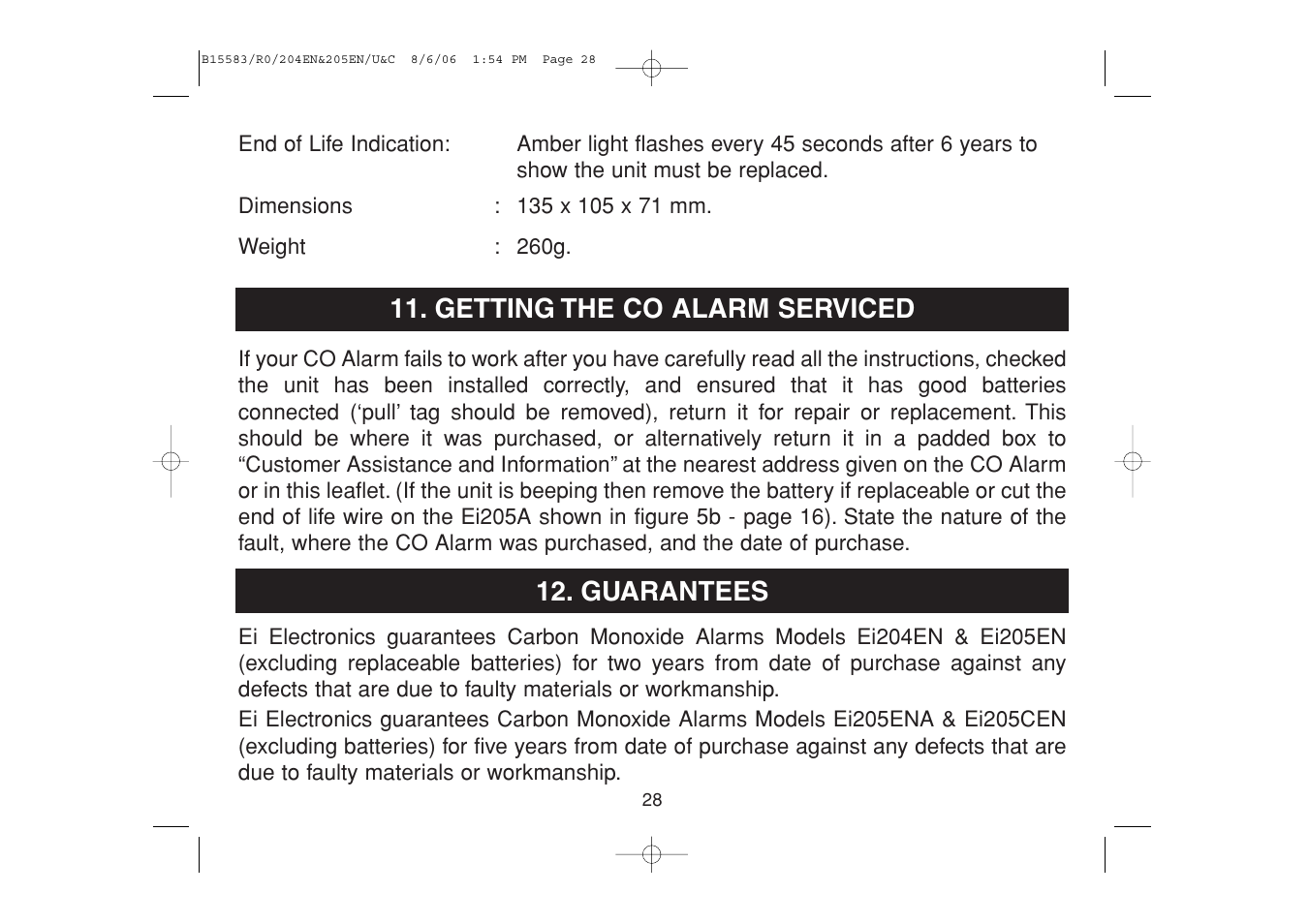 Getting the co alarm serviced, Guarantees | Ei Electronics Carbon Monoxide Alarm Ei 205ENA User Manual | Page 28 / 32