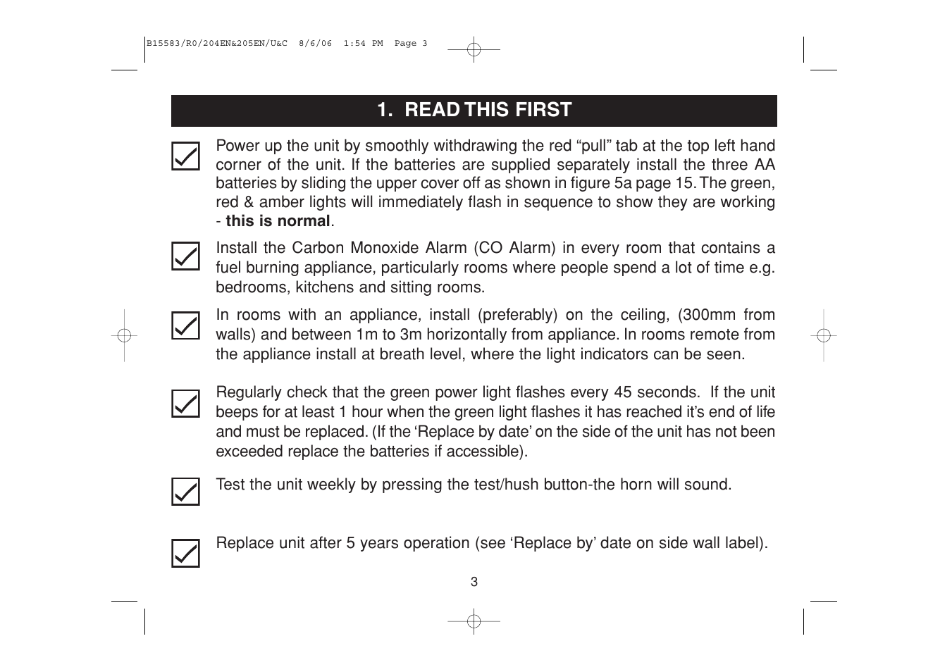 Read this first | Ei Electronics Carbon Monoxide Alarm Ei 205ENA User Manual | Page 3 / 32