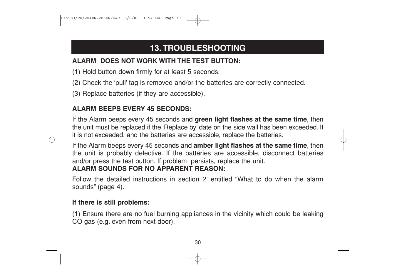 Troubleshooting | Ei Electronics Carbon Monoxide Alarm Ei 205ENA User Manual | Page 30 / 32