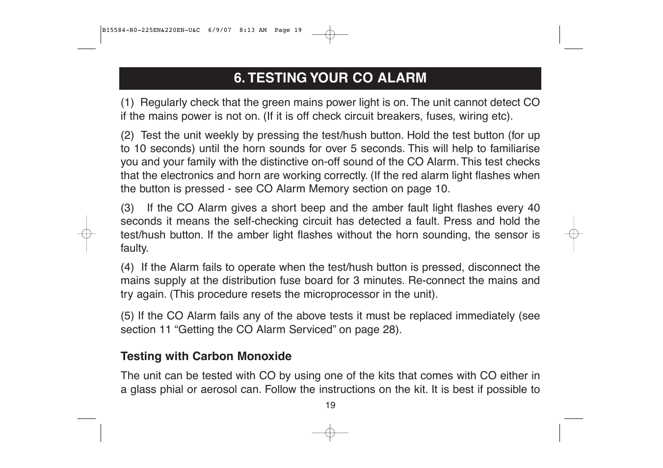 Testing your co alarm | Ei Electronics Carbon Monoxide Alarm Ei220EN User Manual | Page 19 / 32