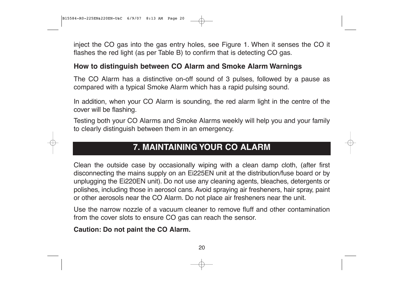 Maintaining your co alarm | Ei Electronics Carbon Monoxide Alarm Ei220EN User Manual | Page 20 / 32