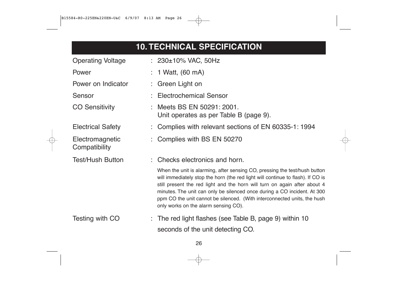 Technical specification | Ei Electronics Carbon Monoxide Alarm Ei220EN User Manual | Page 26 / 32