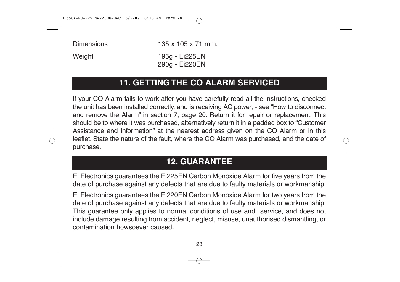 Getting the co alarm serviced, Guarantee | Ei Electronics Carbon Monoxide Alarm Ei220EN User Manual | Page 28 / 32
