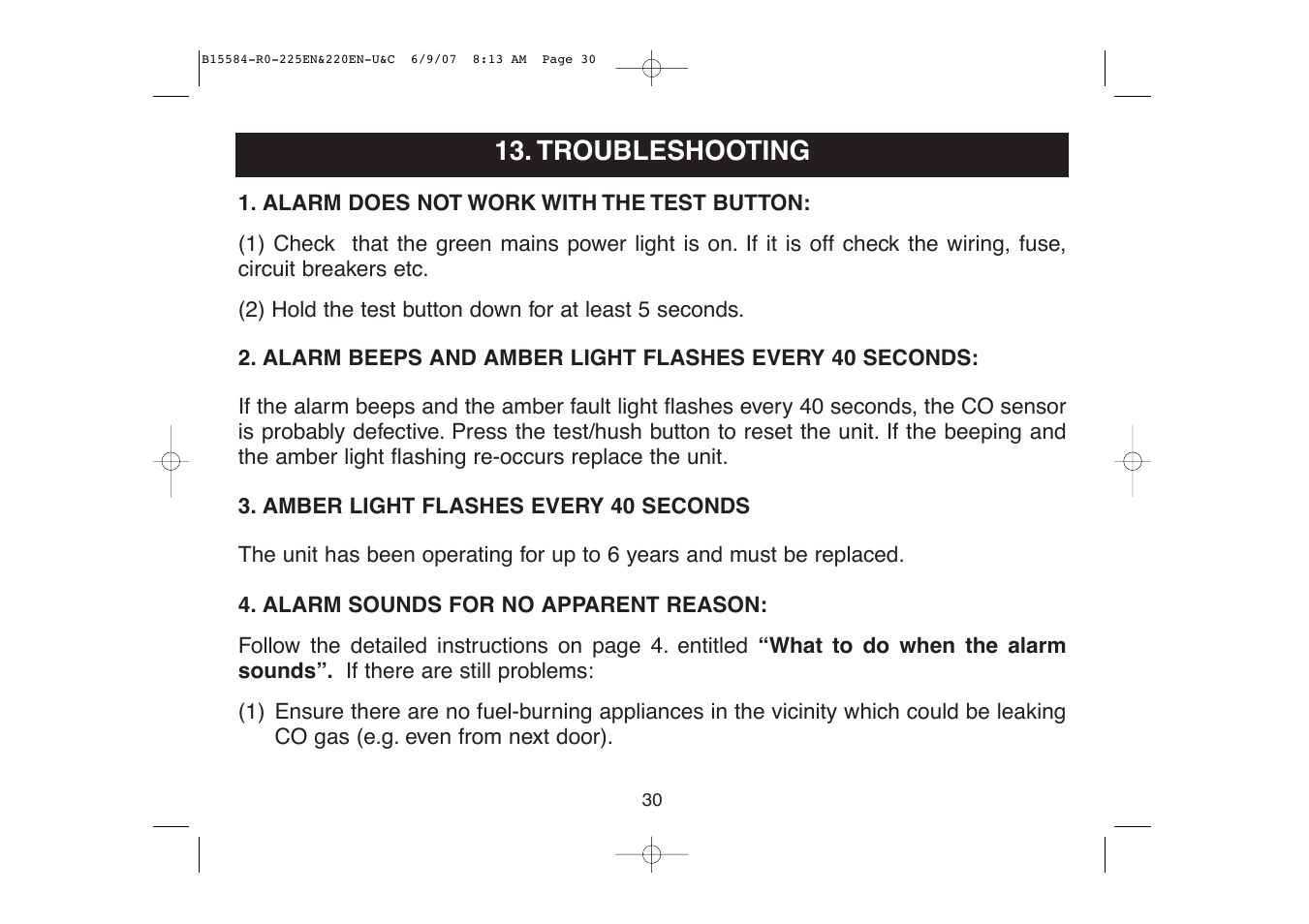 Troubleshooting | Ei Electronics Carbon Monoxide Alarm Ei220EN User Manual | Page 30 / 32