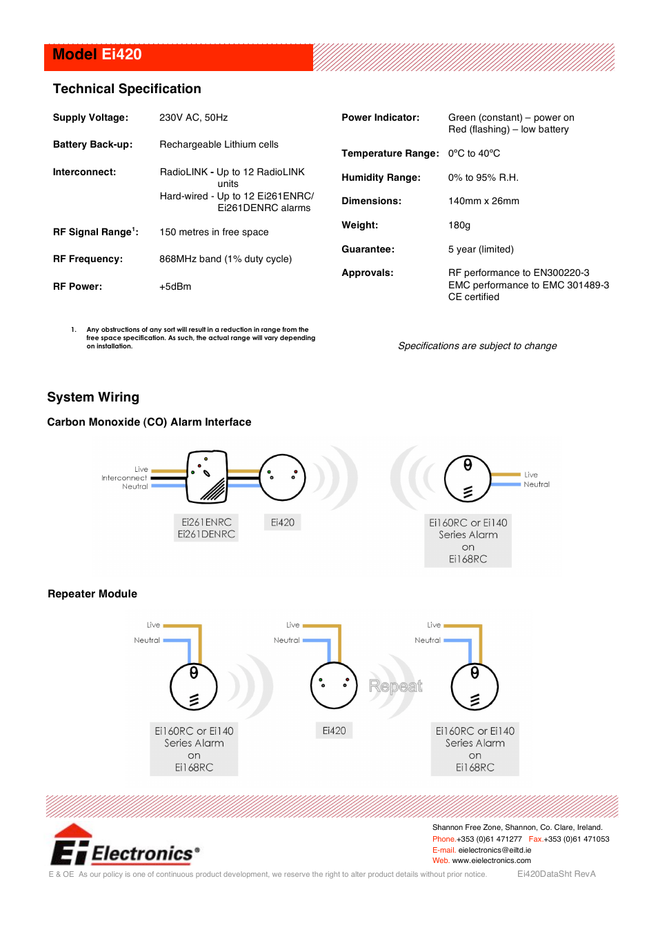Model ei420, Technical specification, System wiring | Ei Electronics Ei420 User Manual | Page 2 / 2