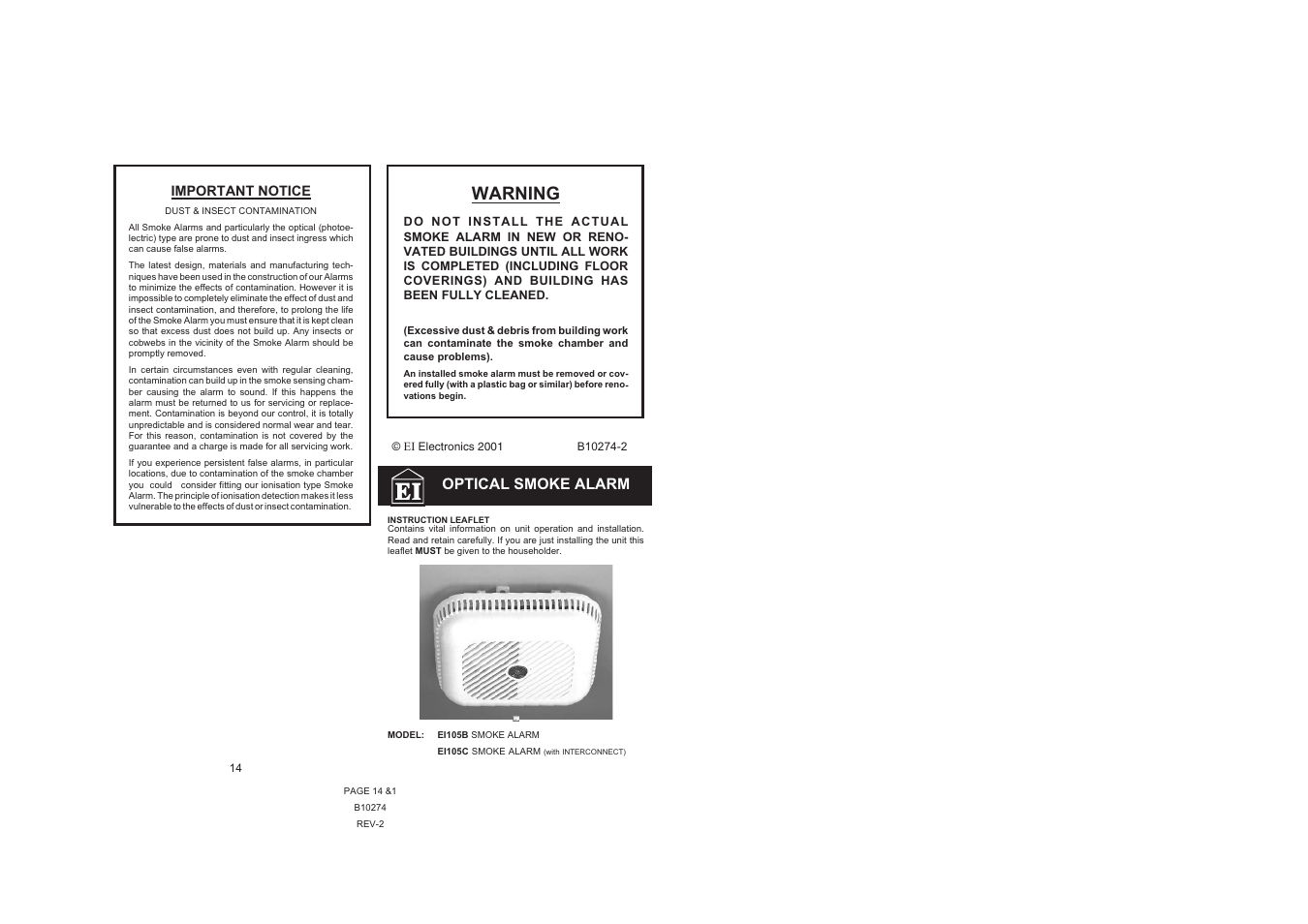 Warning, Optical smoke alarm | Ei Electronics EI105C User Manual | Page 4 / 4