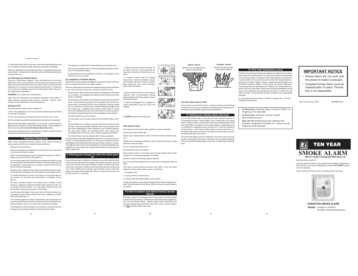 Smoke alarm, Ten year, Important notice | Ei Electronics Ei 100TYC User Manual | Page 2 / 2