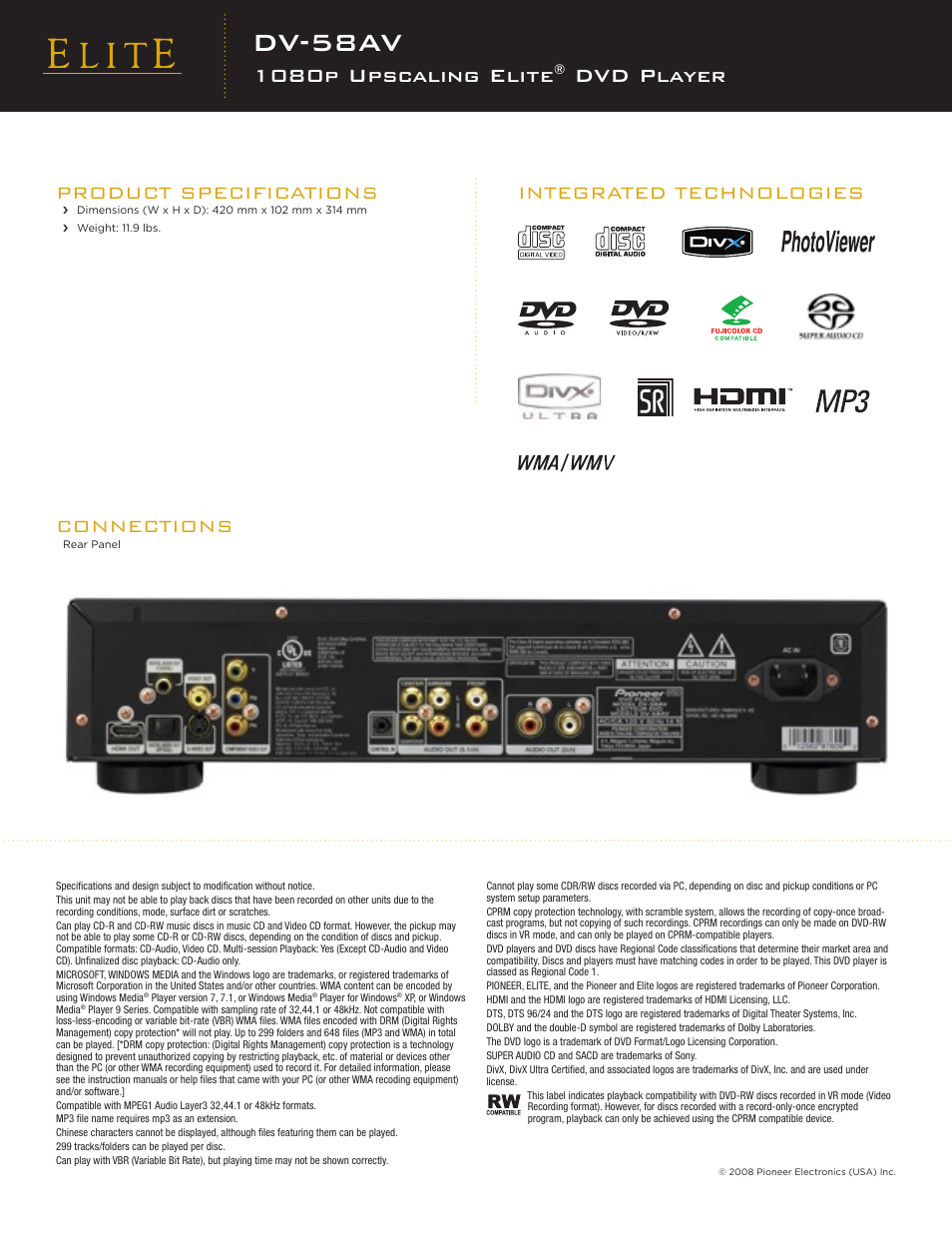 Dv-58av, 1080p upscaling elite, Dvd player | Product specifications, Integrated technologies connections | Elite DV-58AV User Manual | Page 2 / 2