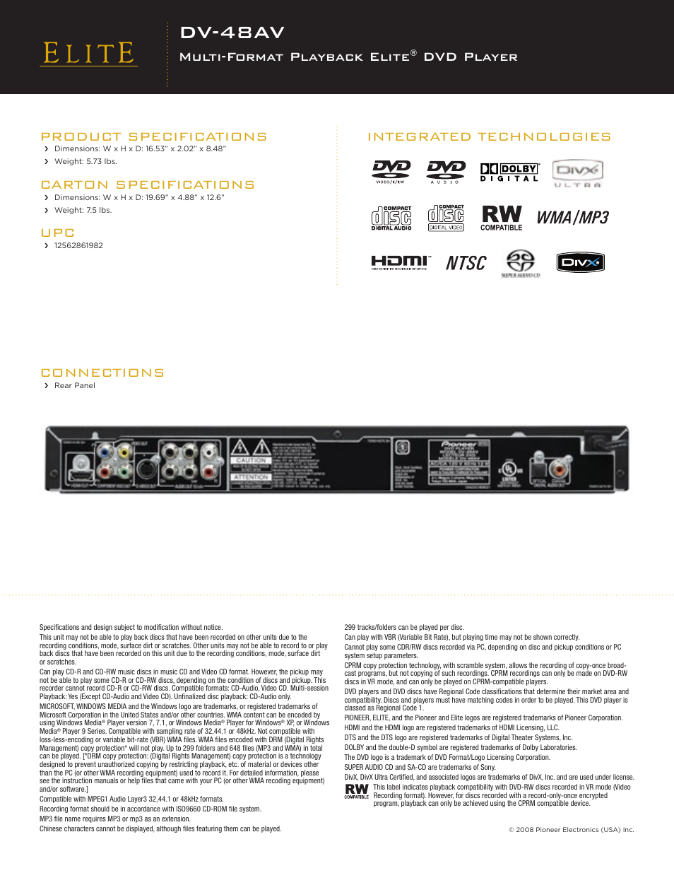 Dv-48av, Product specifications, Carton specifications | Integrated technologies connections, Multi-format playback elite, Dvd player | Elite DV-48AV User Manual | Page 2 / 2