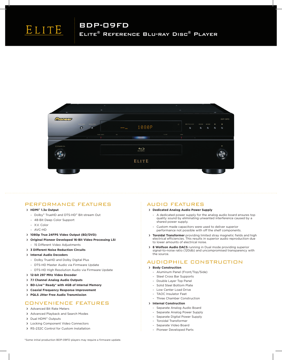 Elite Blu-ray Disc Players BDP-09FD User Manual | 2 pages