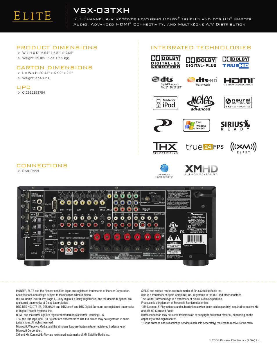 Vsx-03txh, Connections, Product dimensions | Carton dimensions, Integrated technologies | Elite VSX-03TXH User Manual | Page 2 / 2